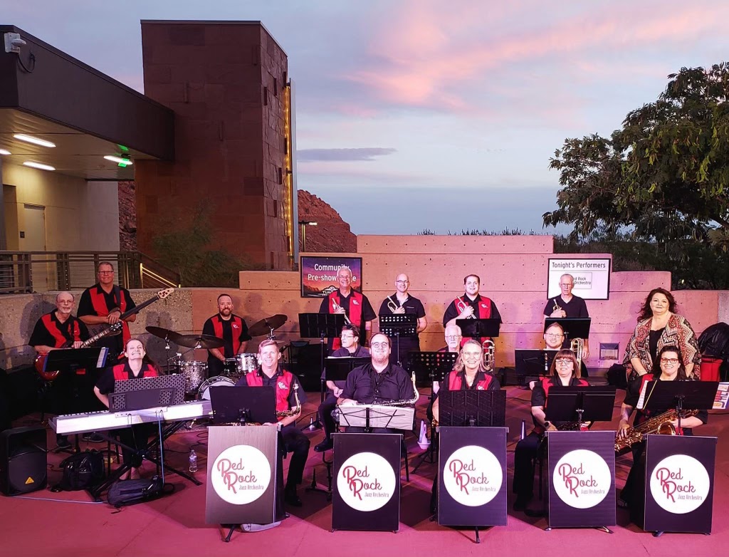 Red Rock Jazz Orchestra concert at Bumbleberry Inn featuring festive holiday music and vibrant performance atmosphere.